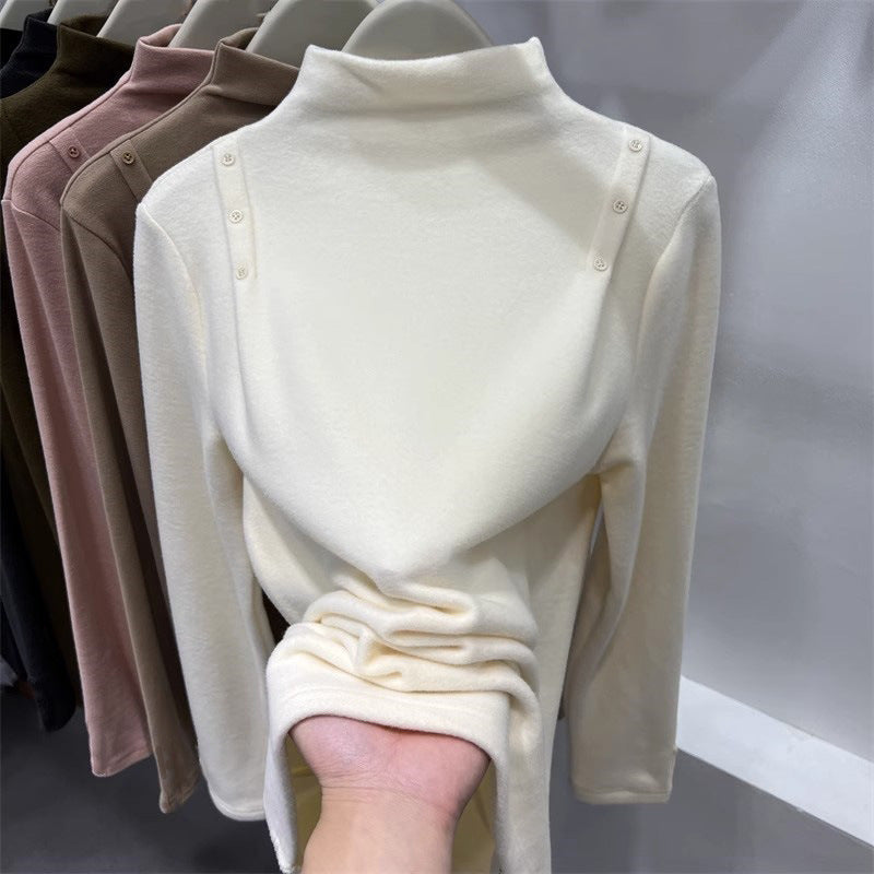 Double-Sided Velvet Half-High Neck Long Sleeve Base Layer Shirt for Women, Fashionable and Versatile Long Sleeve Inner Wear