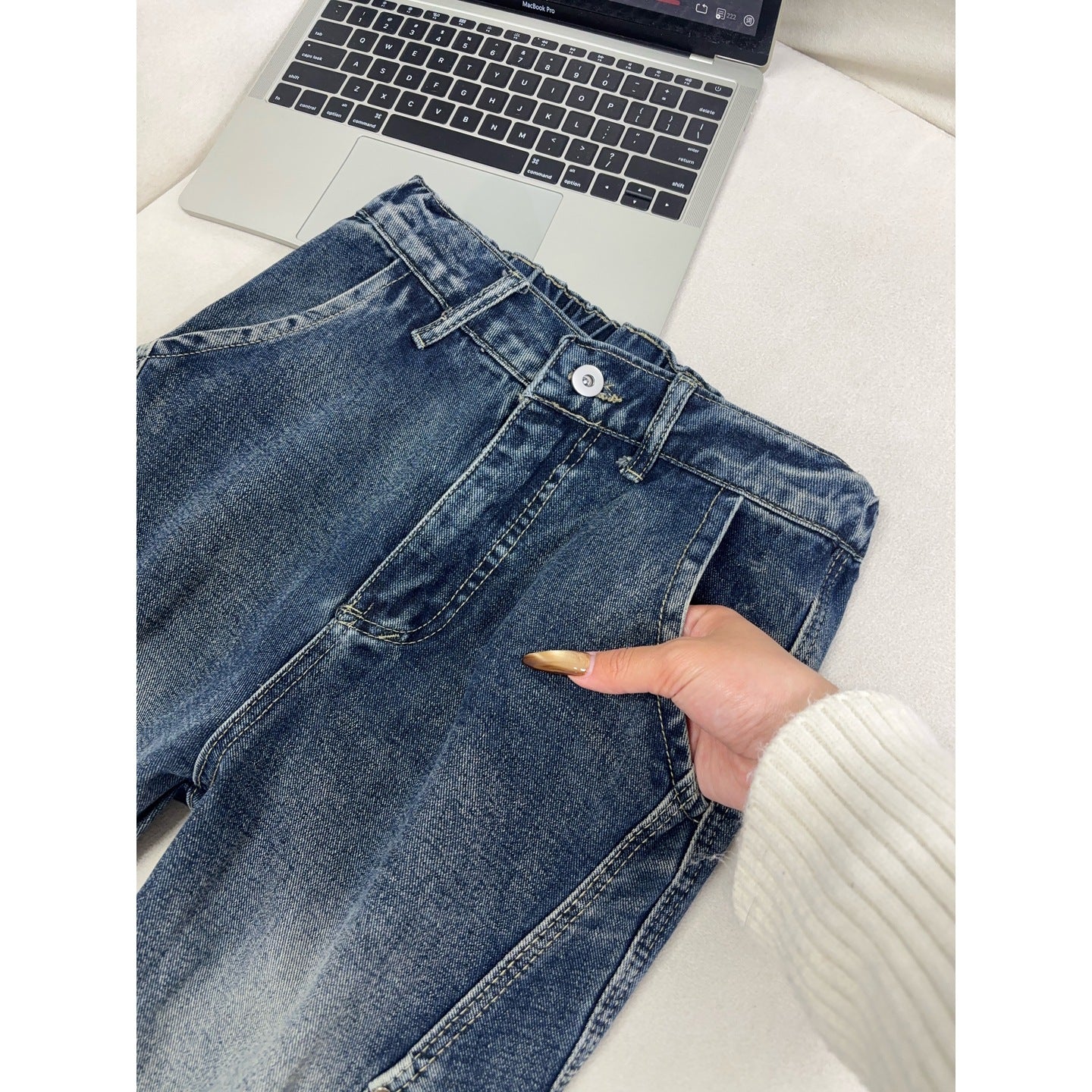 Lightning Pattern Washed Denim Pants Men Straight Leg Pants