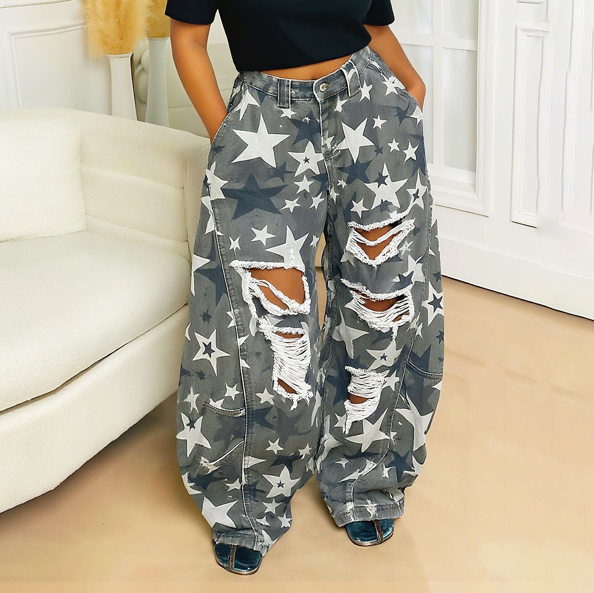 Washed Camouflage Star Ripped Knife Cut Denim Pants