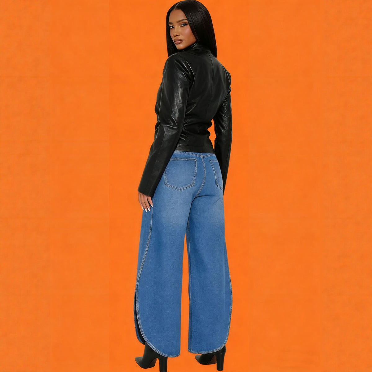 High-Waisted Wide-Leg Denim Pants with Washed Finish and Slit Street-Style Women's Fashion Jeans