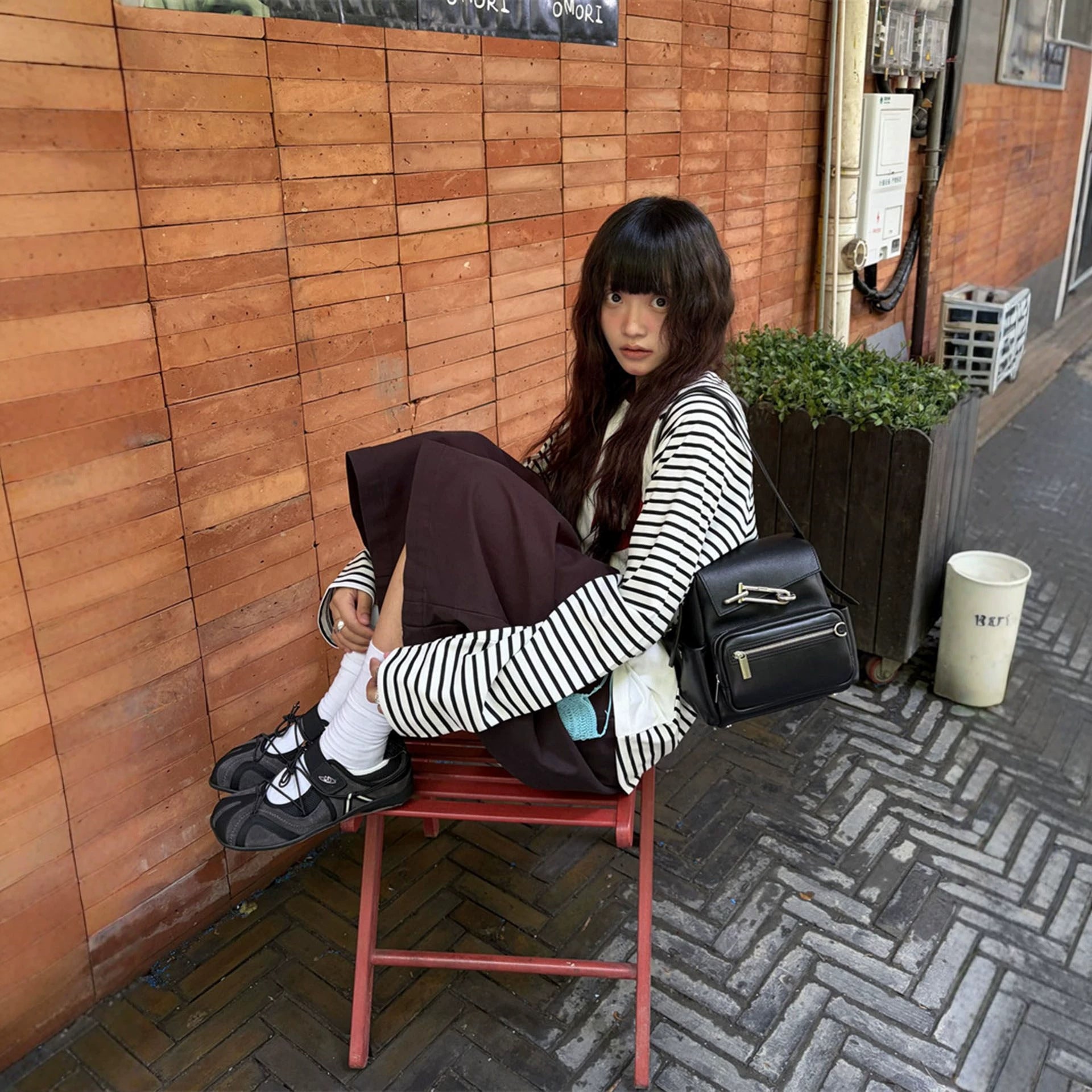 Black and White Stripe Letter Long Sleeve T-Shirt for Women