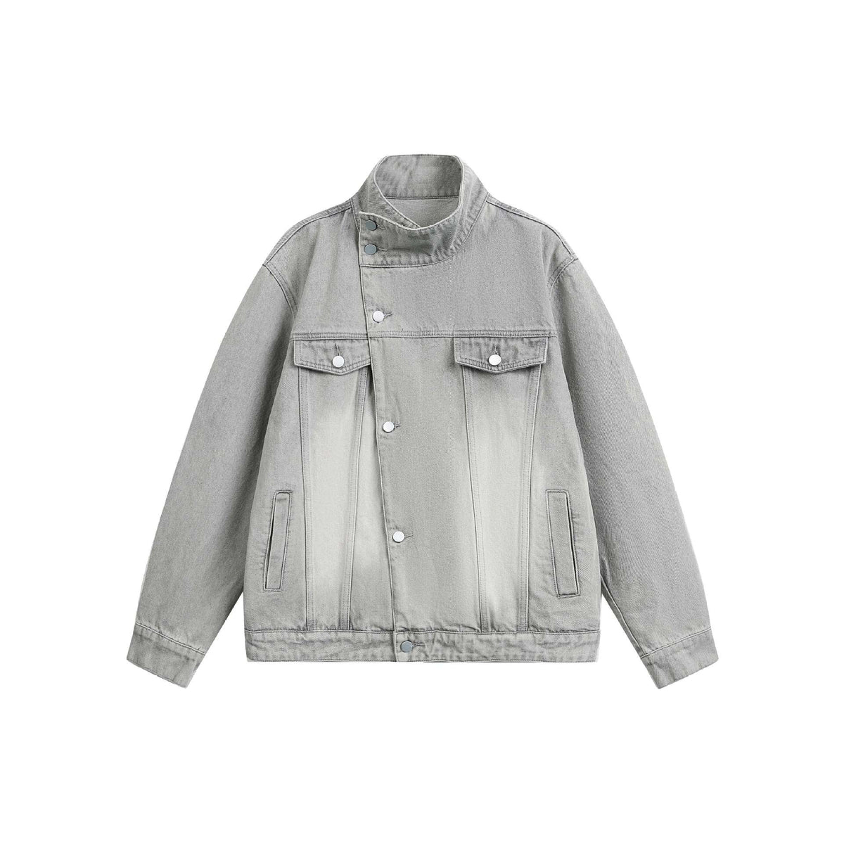 Vintage Irregular Asymmetrical Placket Stand Collar Denim Jacket for Men