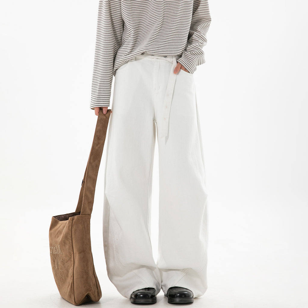Raw Denim Retro Jeans for Men, Autumn Loose Straight Leg Pants with Belt Loop and Button Closure, Casual Long Trousers
