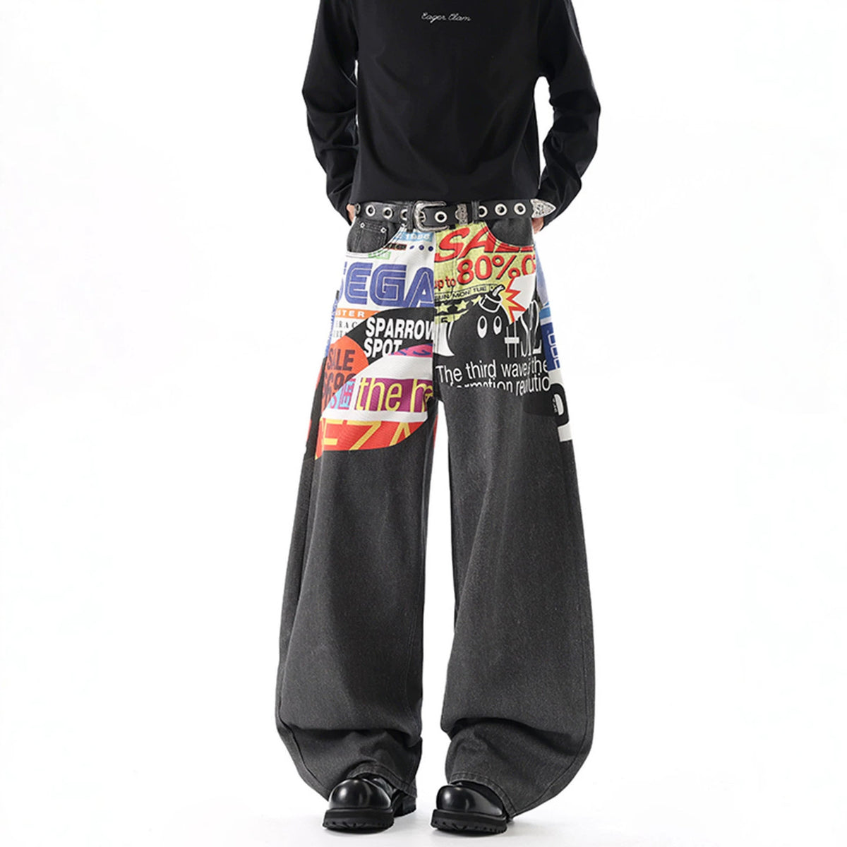 Casual Men's Letter Digital Print Denim Pants, Loose Fit, Street Style, Oversized Straight Leg Trousers
