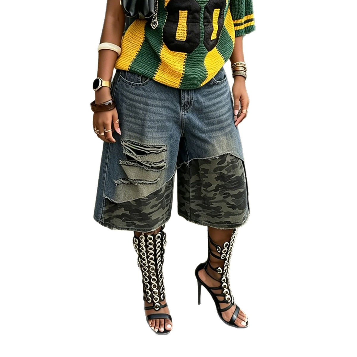 Street Style Two-Piece Camouflage Patchwork Ripped 7/8 Denim Shorts