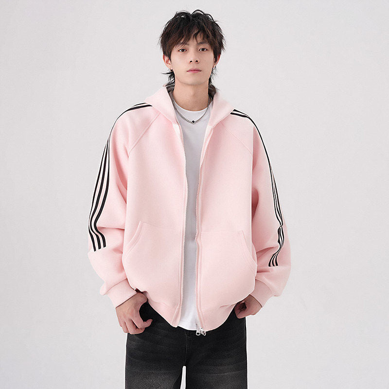 Striped Three-Stripe Open Front Hoodie Men's Spring and Autumn New Arriva  Casual Versatile Hooded Jacket Outerwear