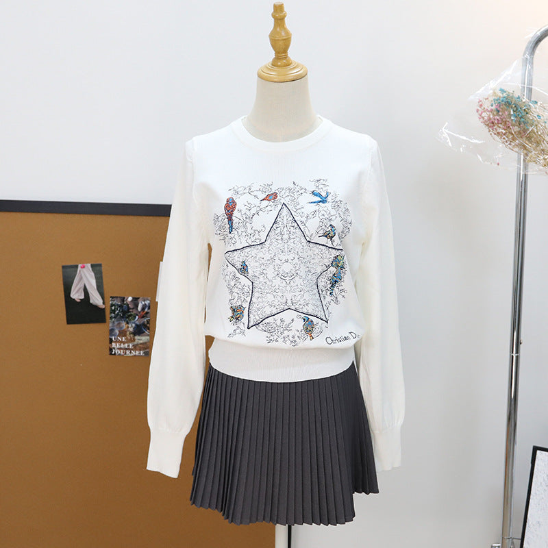 Embroidered pentagram flying bird pullover sweater for women