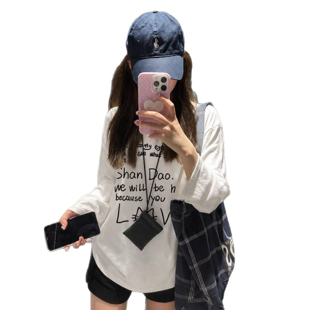 White Stitched Crewneck Hoodless Sweatshirt for Women, Lightweight Loose Lazy-Style Long Sleeve Top