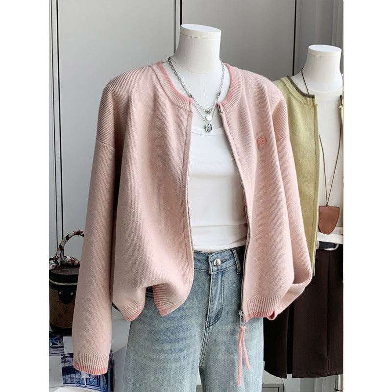 Chic Loose Double-Zip Short Knit Cardigan for Women, Pure Color Letter Embroidery Sweater Coat, Autumn Spring New Style