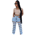Ripped Women's Jeans, High-Waisted Straight Leg Denim Pants, Street Style Hollow Out Fashion