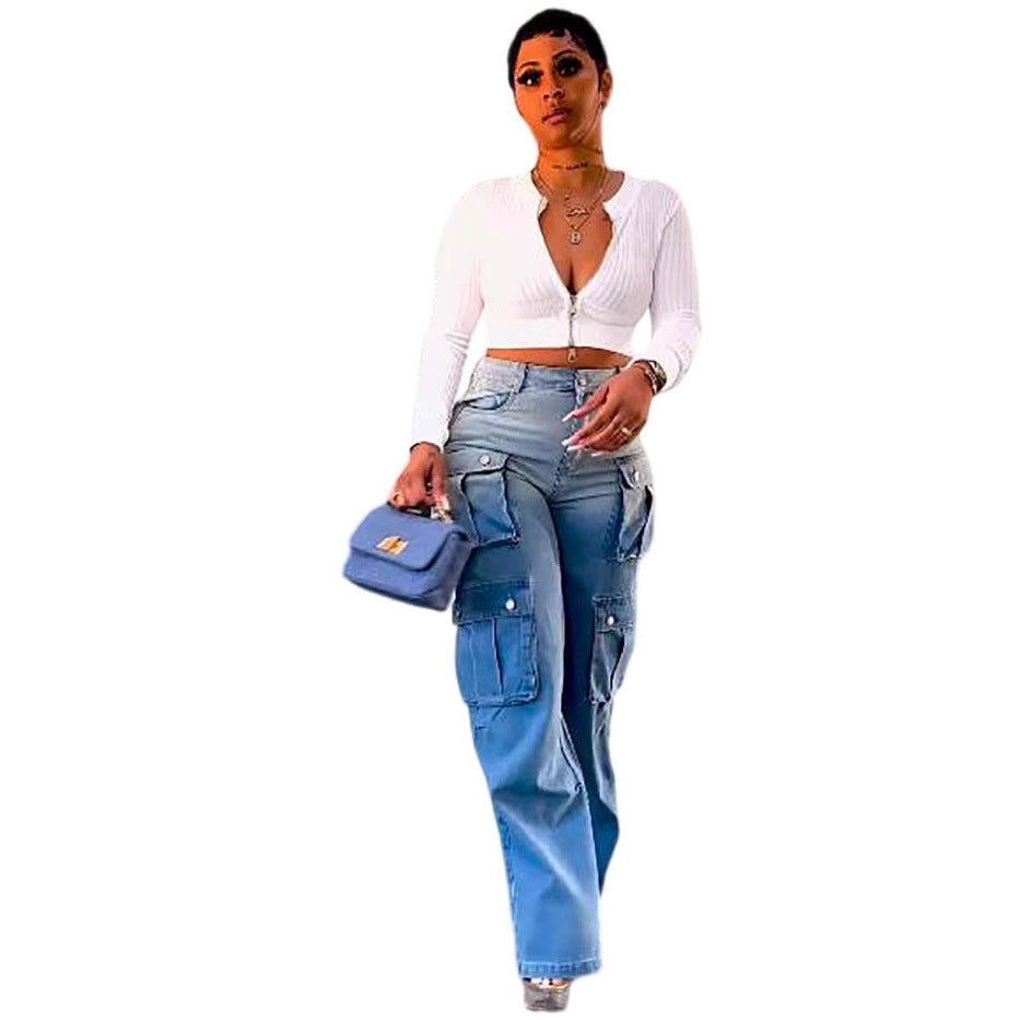 Jeans for women, high-waisted wide-leg pants with multiple pockets and gradient color