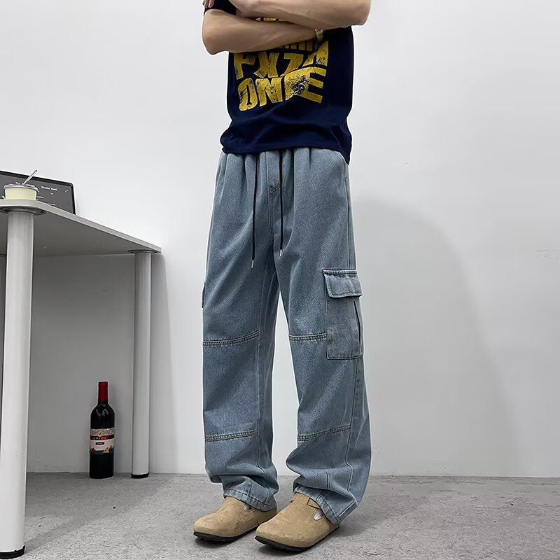 Casual Color-blocked Denim Pants for Men, Loose Fit, Multi-pocket, Fashionable, Versatile, Summer Style