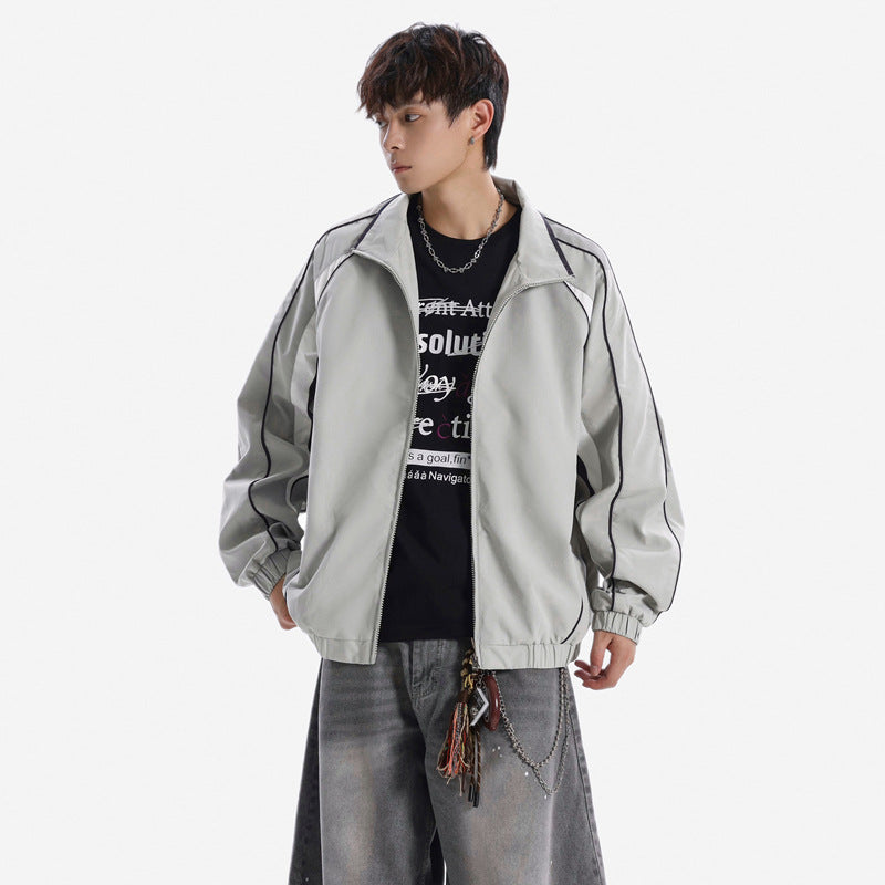 Retro Streetwear Patchwork Stand Collar Sports Jacket for Men and Women, Autumn Loose Fit Couple's Versatile Casual Water-Repellent Jacket