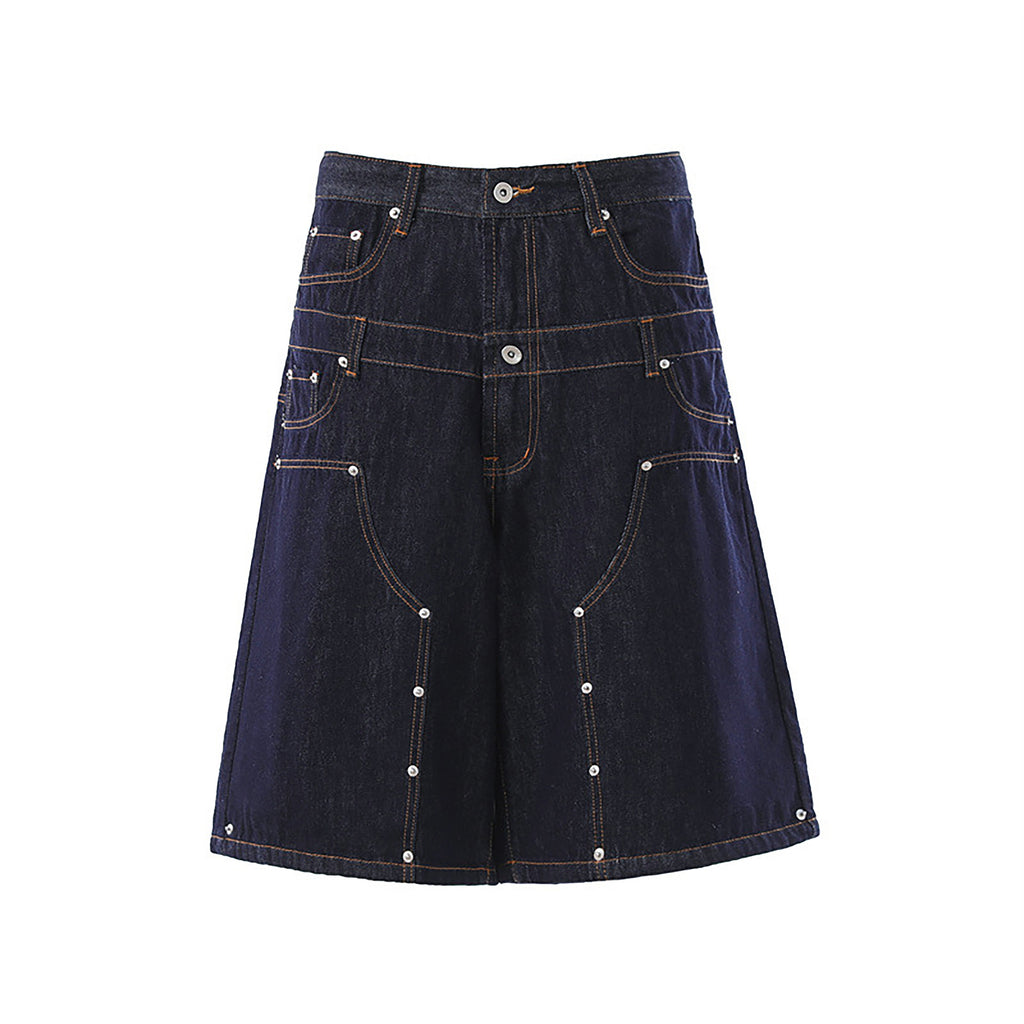 Street Style Faux Two-Piece Double Waistband Stud Denim Shorts