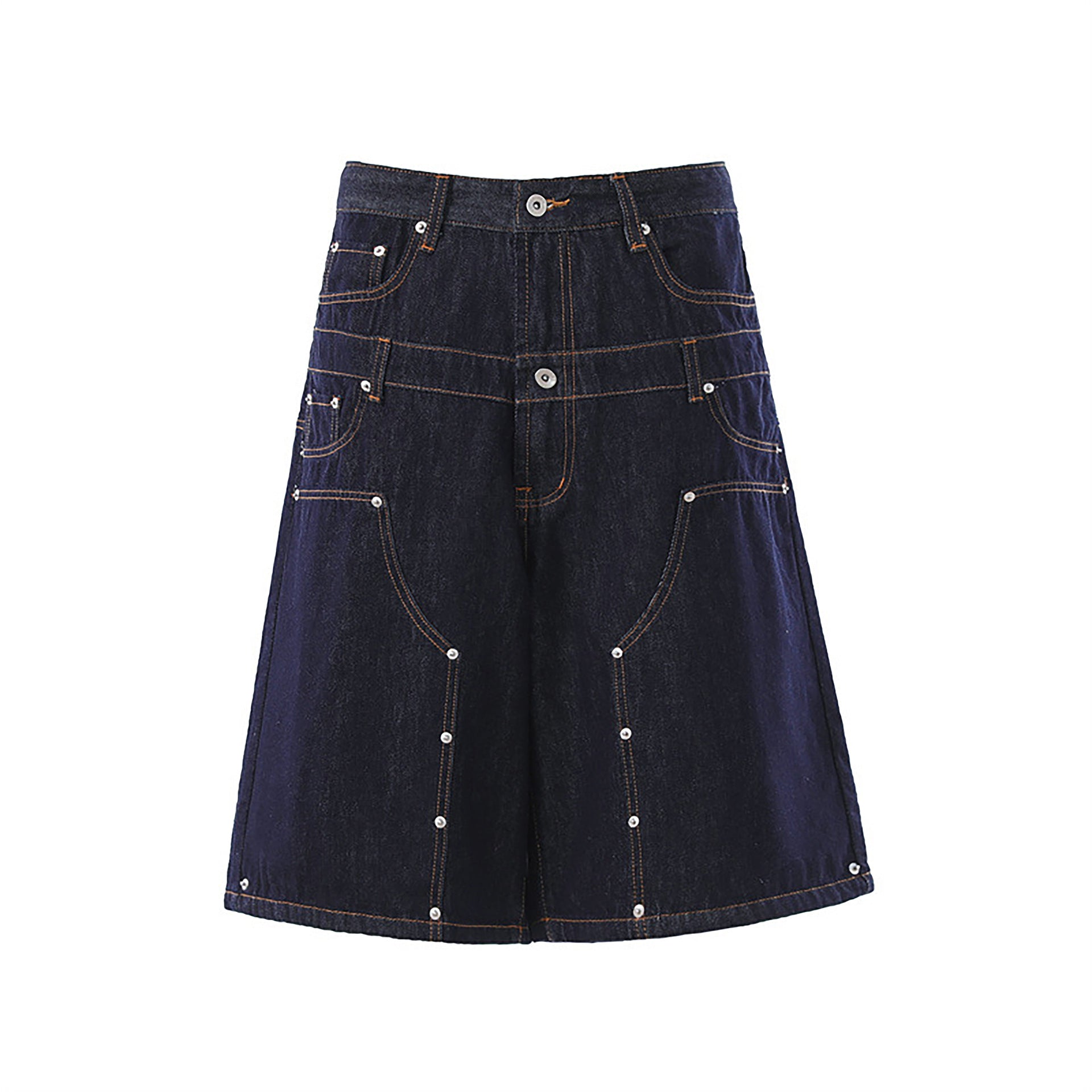 Street Style Faux Two-Piece Double Waistband Stud Denim Shorts
