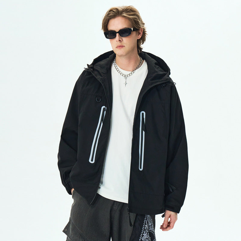 Cleanfit  Hooded Reflective Stripe Jacket for Men, Casual Streetwear Trendy Outerwear