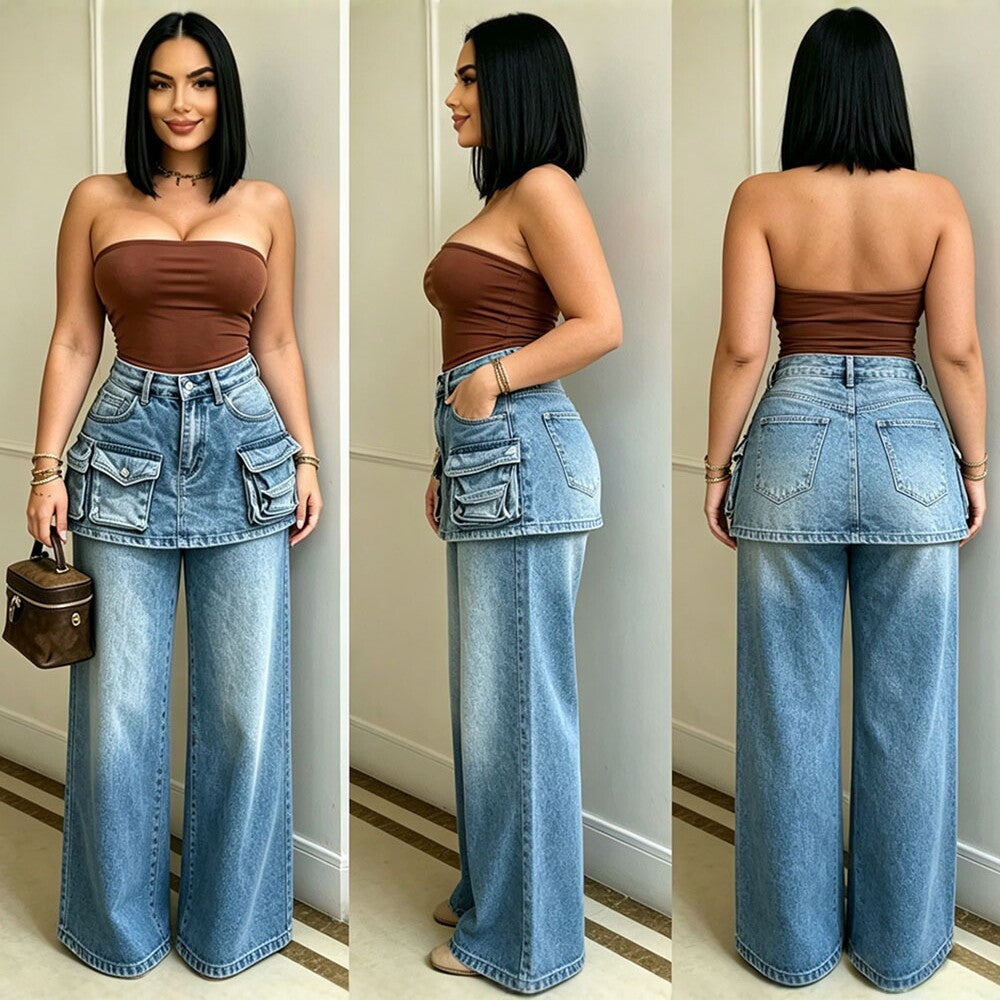 High-Waisted Wide-Leg Jeans for Women, Fashionable Multi-Pocket Faux Two-Piece Pants Skirt