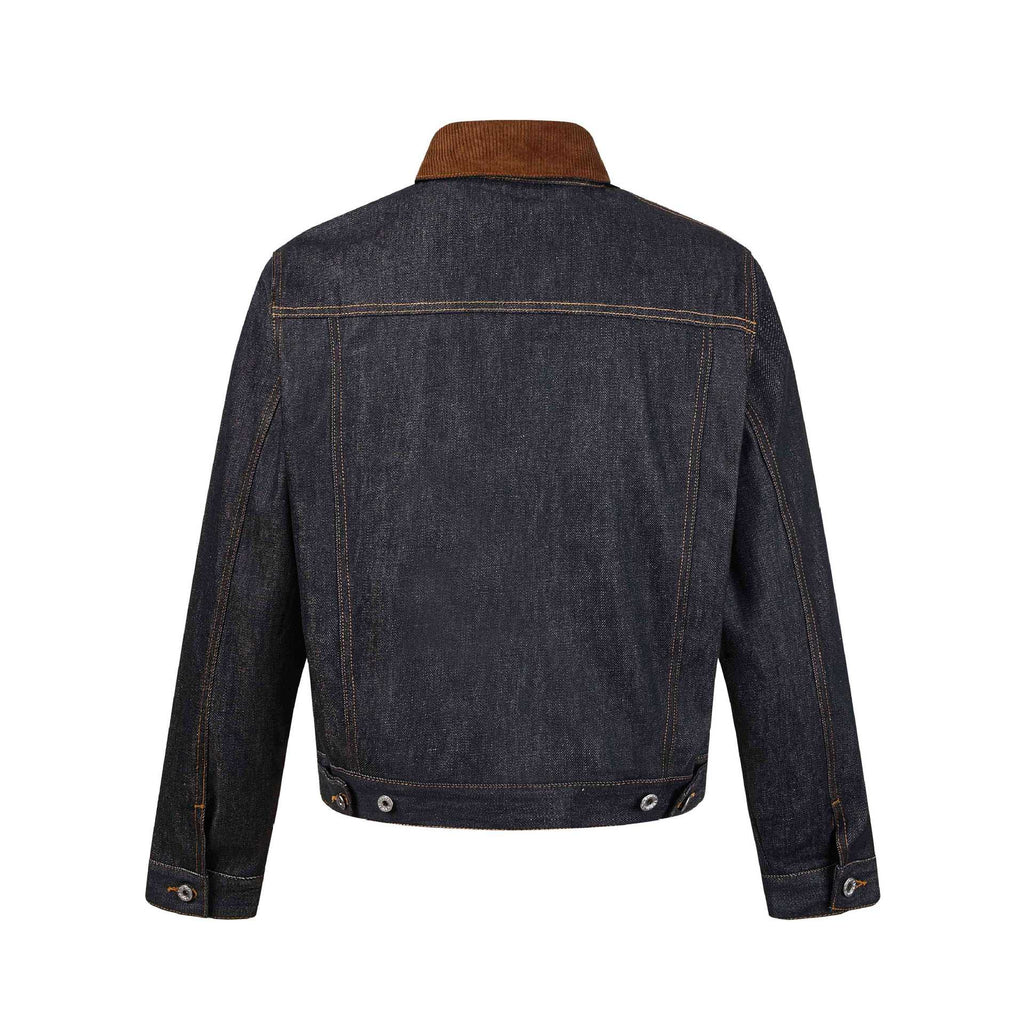 Corduroy Lapel Spliced Plaid Lining Denim Jacket