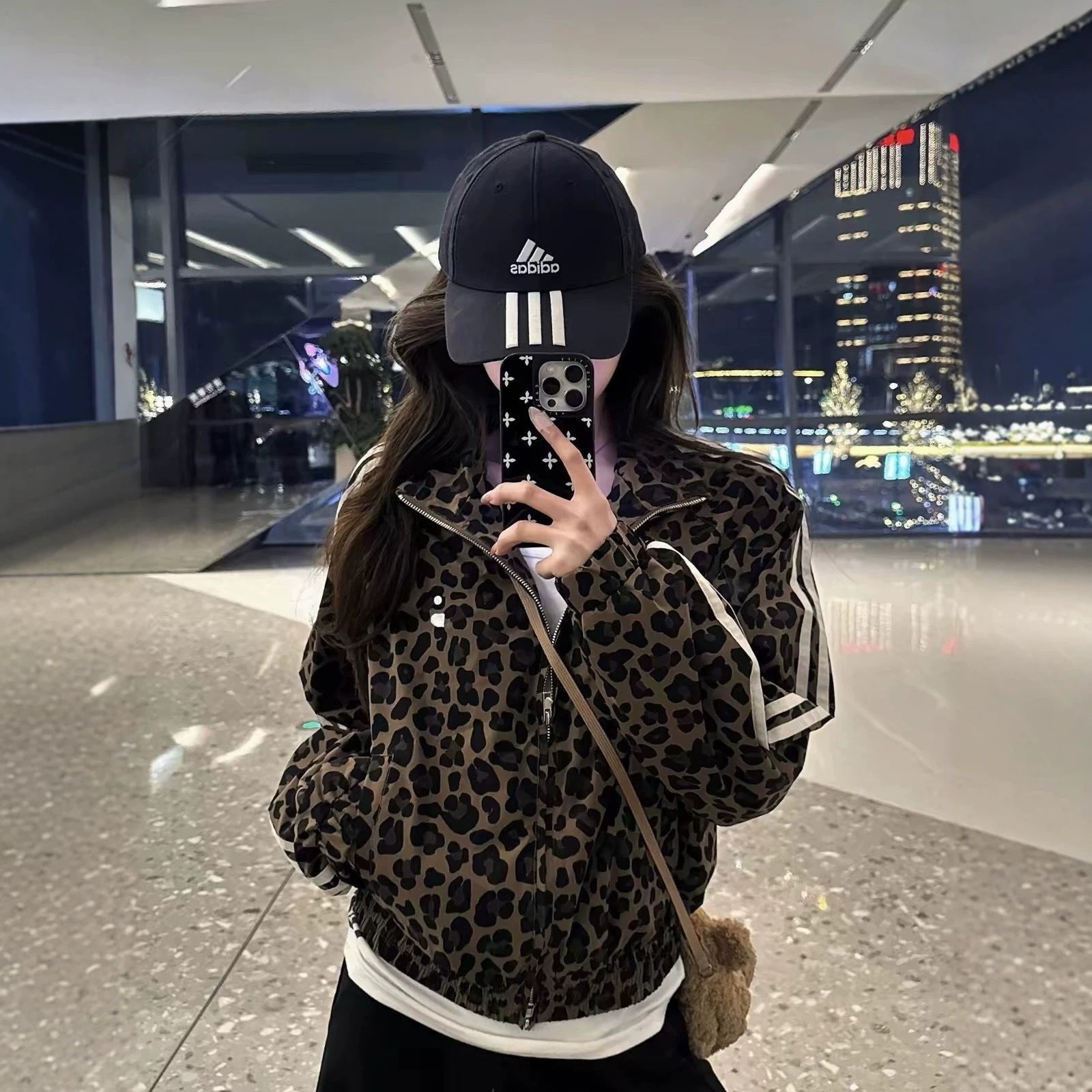 Retro Leopard Print Stand Collar Zip-Up Hoodie for Women