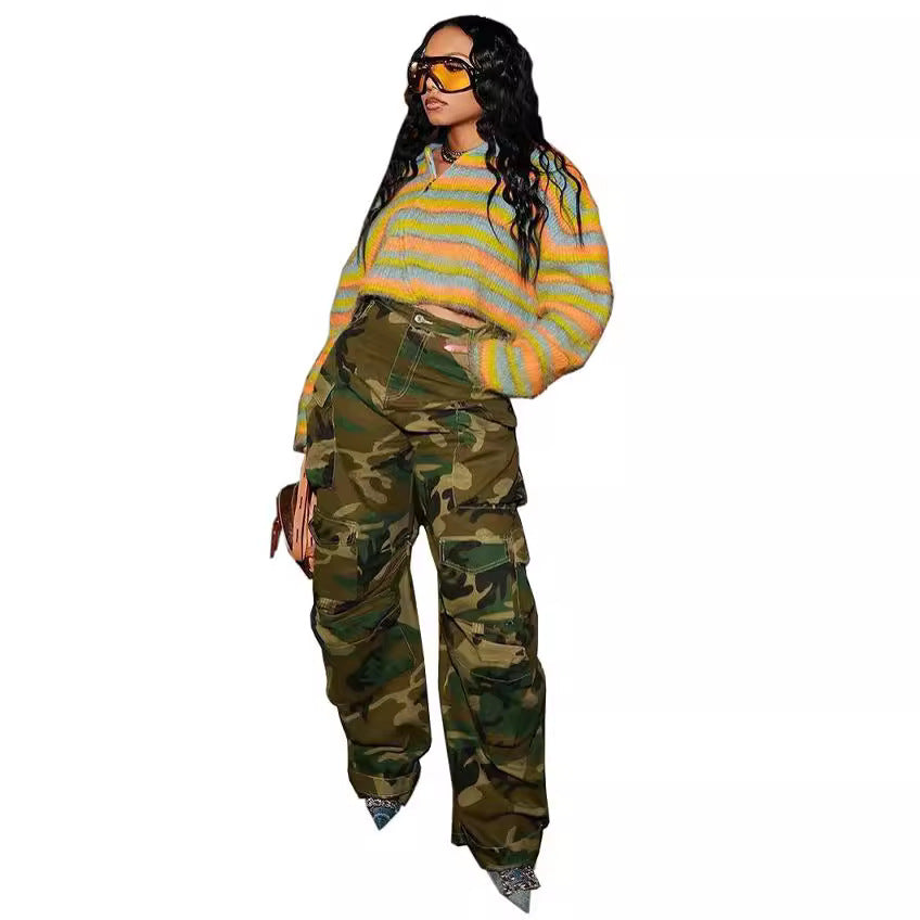 Women's Camouflage Pants Winter New Style Street Fashion Multi-Pocket Straight Leg Jeans