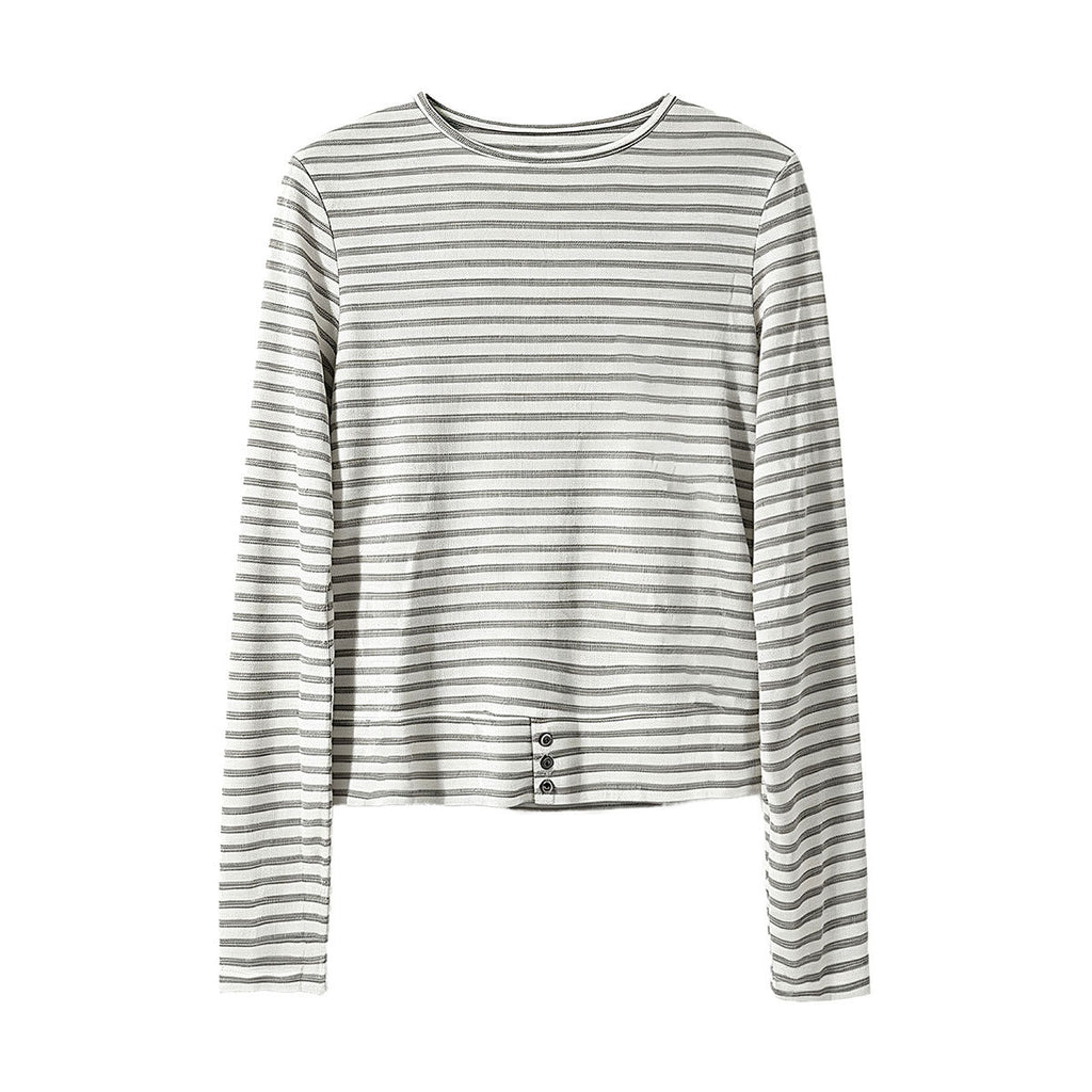 Deer West Simple and Versatile Striped Hem Button-Down Loose Fit Women's Basic Tee Long Sleeve T-Shirt