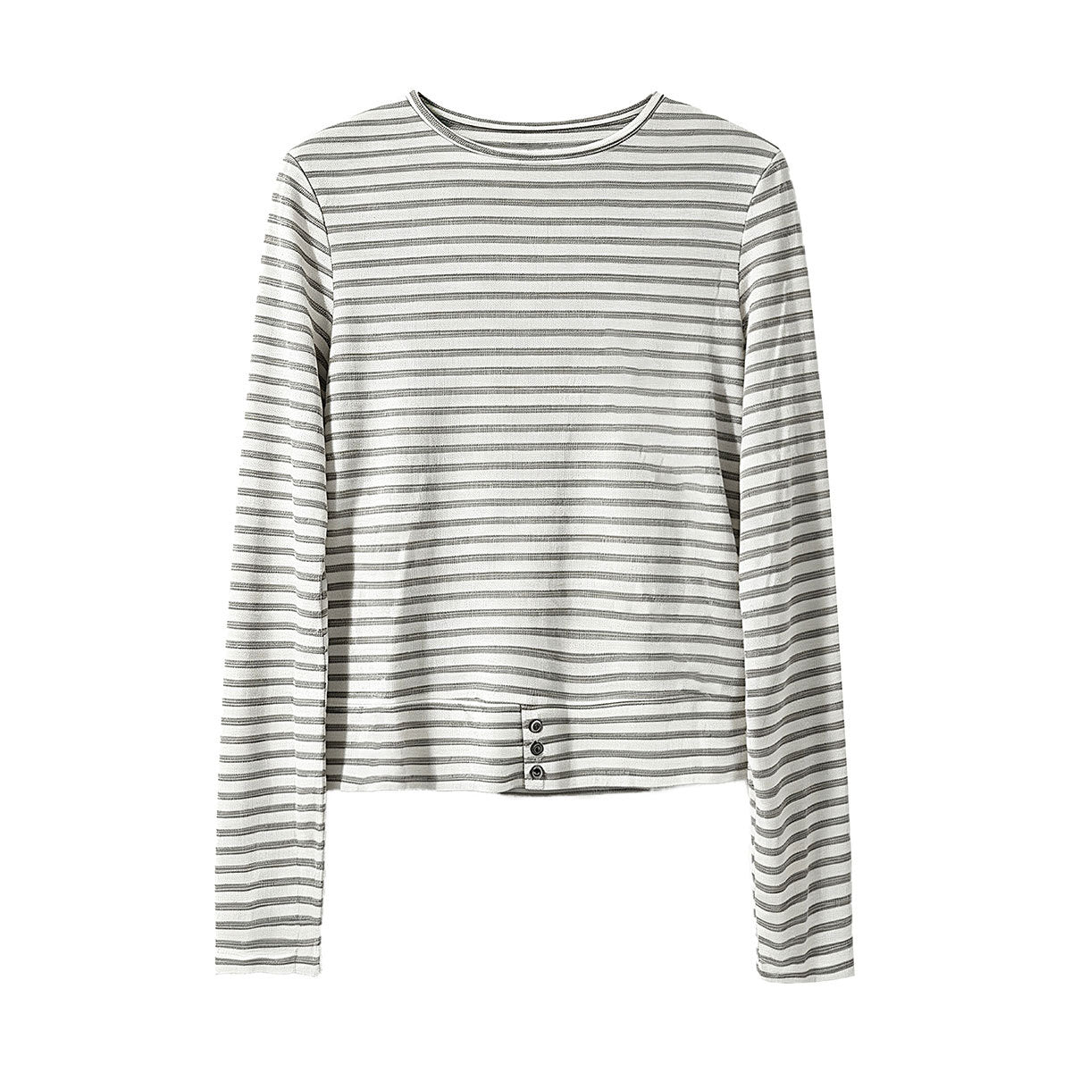 Deer West Simple and Versatile Striped Hem Button-Down Loose Fit Women's Basic Tee Long Sleeve T-Shirt