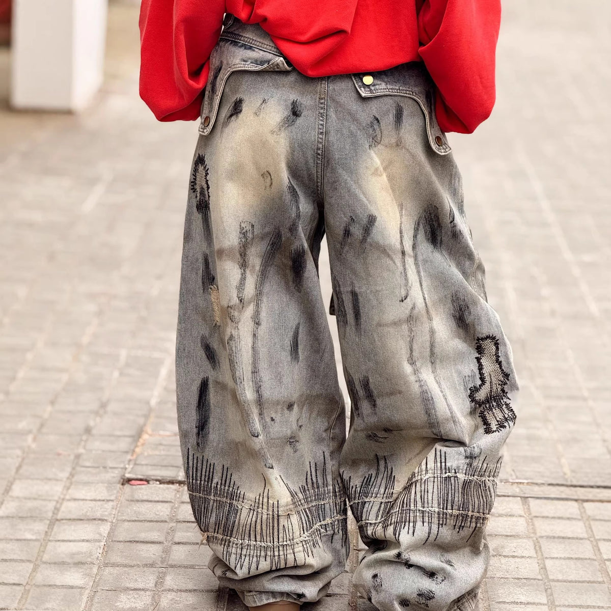 New Bear Bow 3D Optical Illusion Print JeansTranslated and cleaned title:Bear Bow 3D Optical Illusion Print Denim Pants