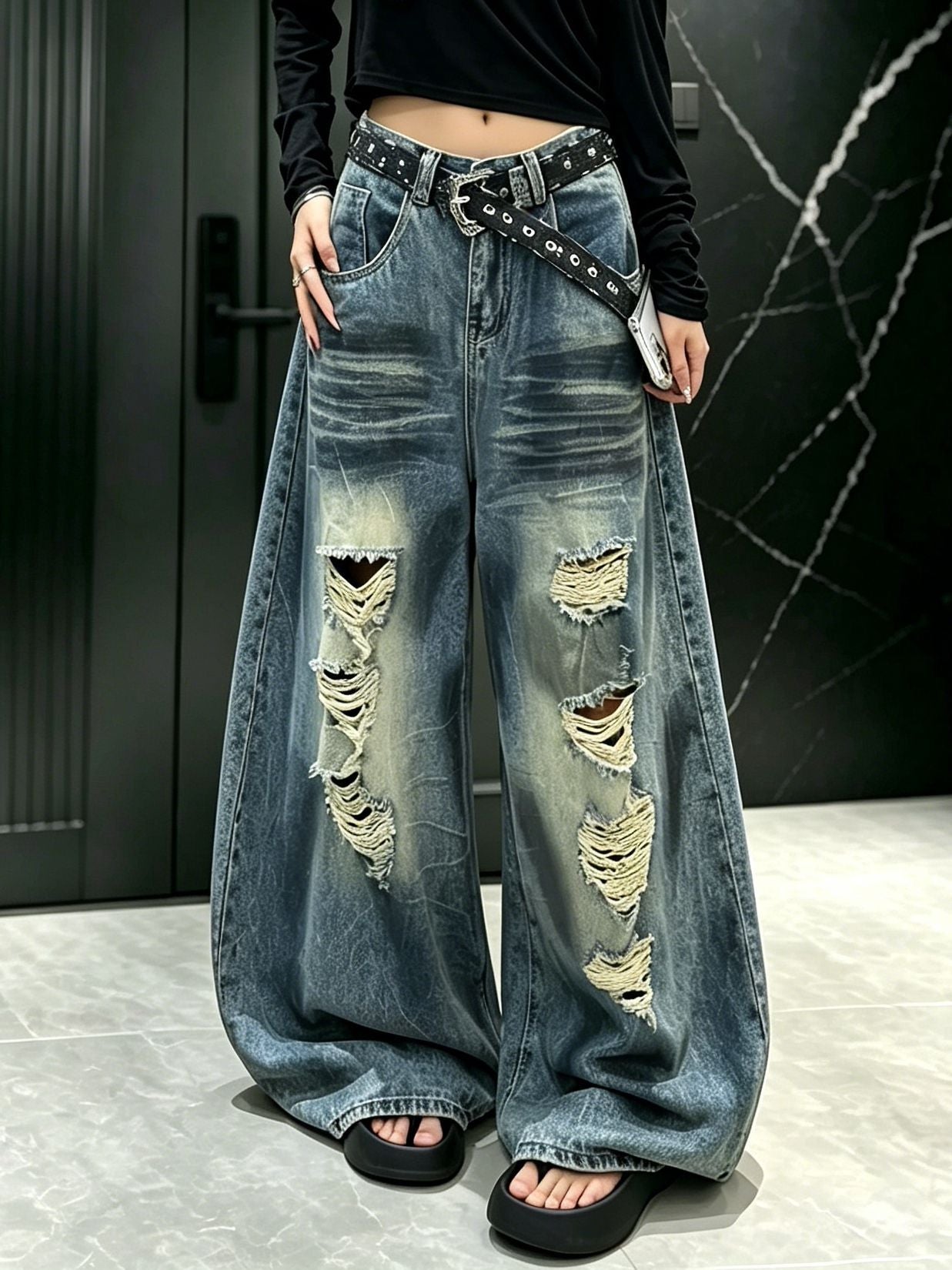 Low Waist Ripped Fringe Wide Leg Jeans for Men and Women, Summer Thin Style, Loose Floor-Length Pants