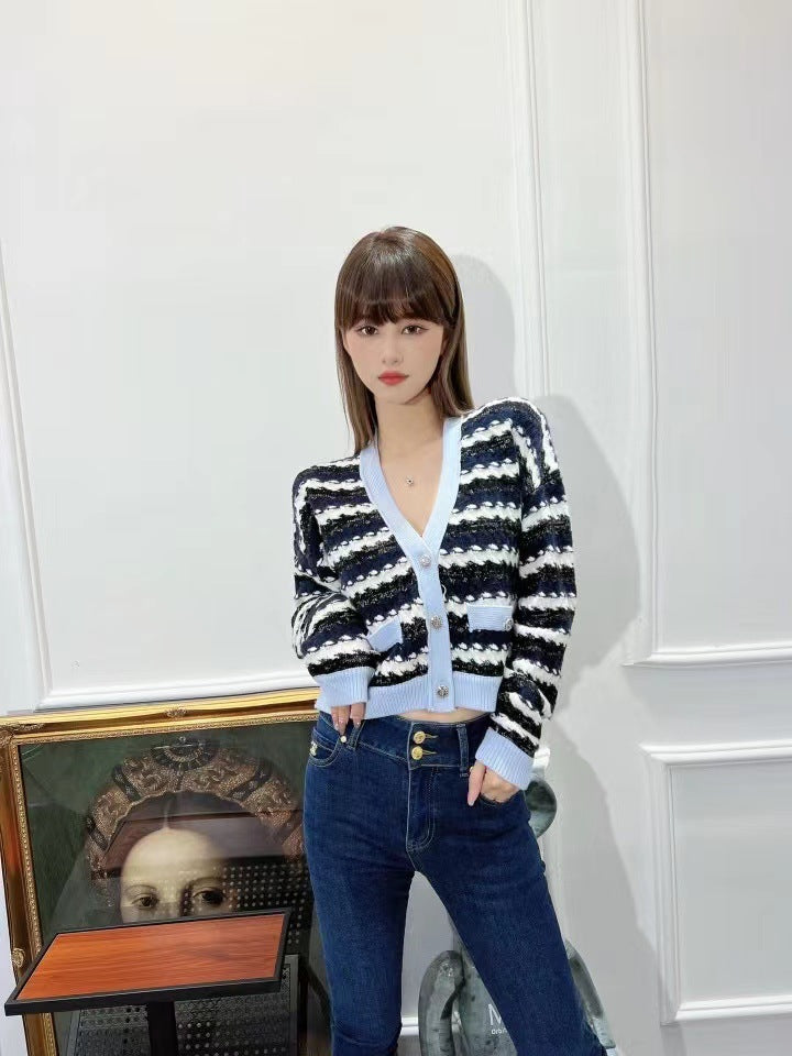 Striped V-neck sweater top for women