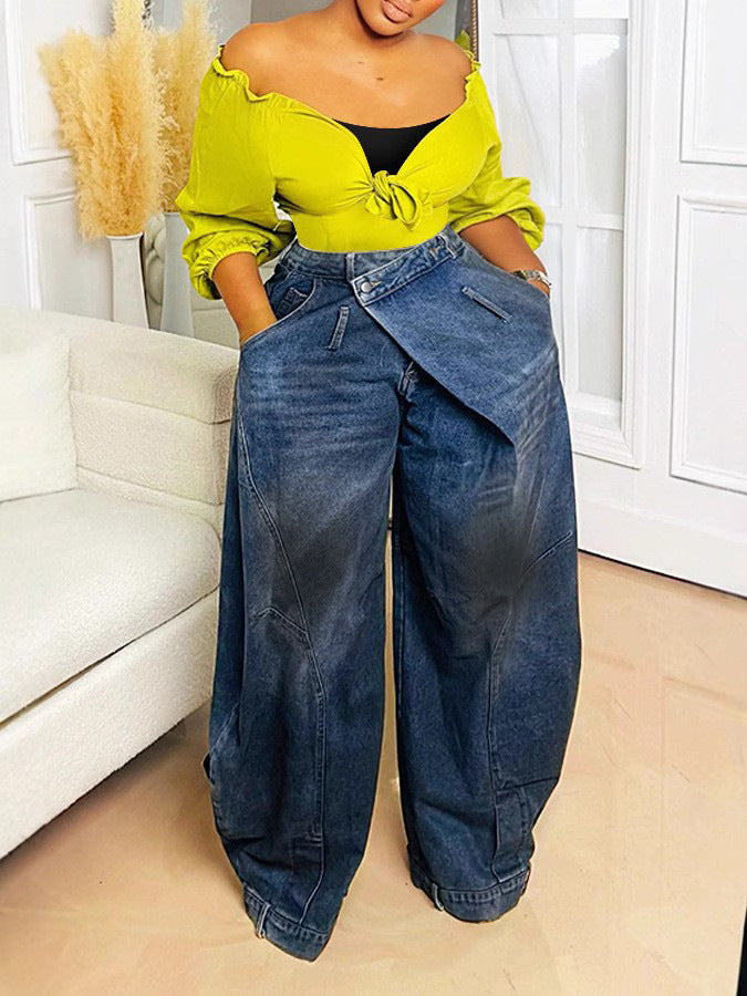 Retro Distressed Washed Reversed Waist Women's Jeans