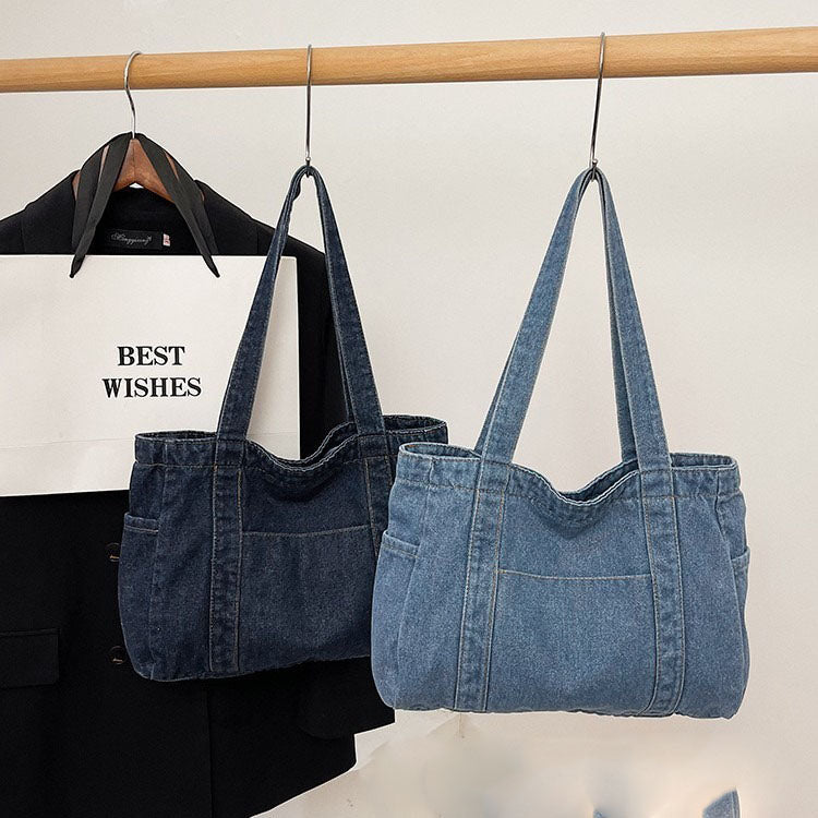Custom Embroidered Women's Denim Tote Bag, Lightweight Versatile Shoulder Shopping Bag for School & Daily Use