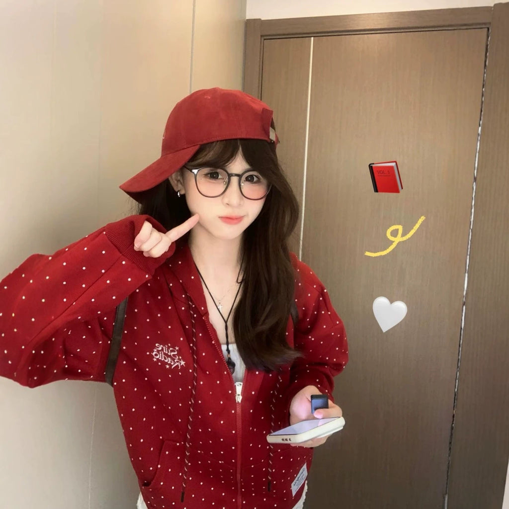 Casual Loose Zip-Up Hoodie with Red Polka Dots Long Sleeve for Girls
