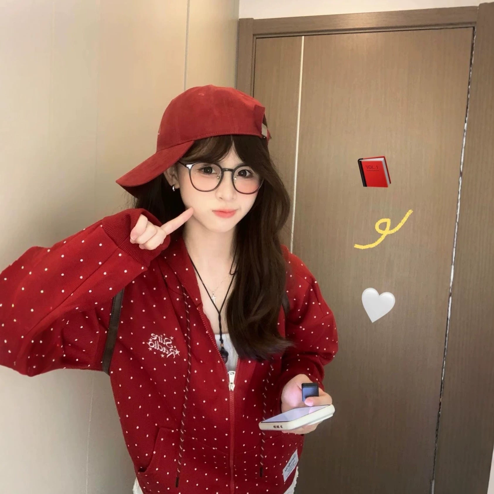 Casual Loose Zip-Up Hoodie with Red Polka Dots Long Sleeve for Girls