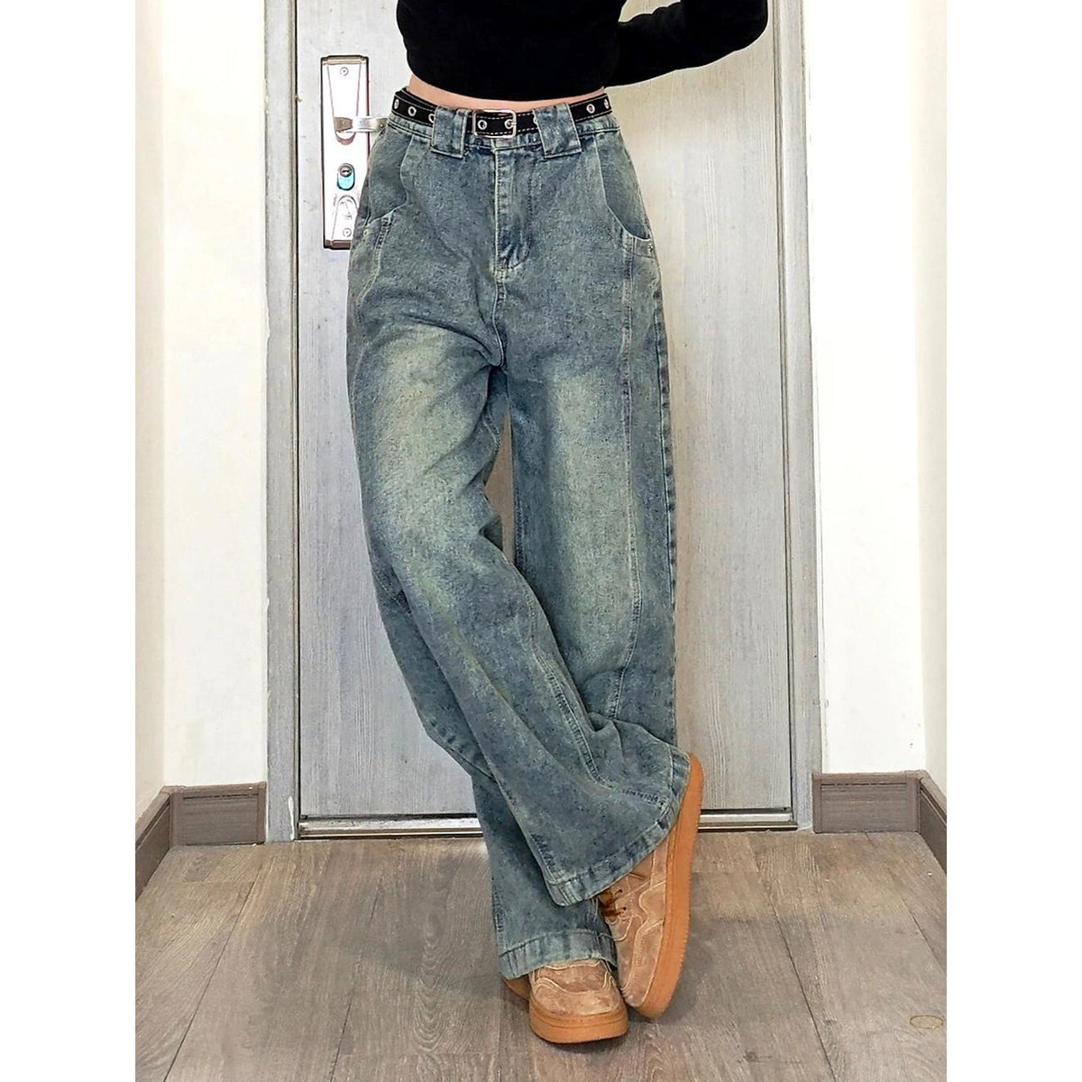 Retro Blue Patchwork Gradient Knife-Edge Jeans