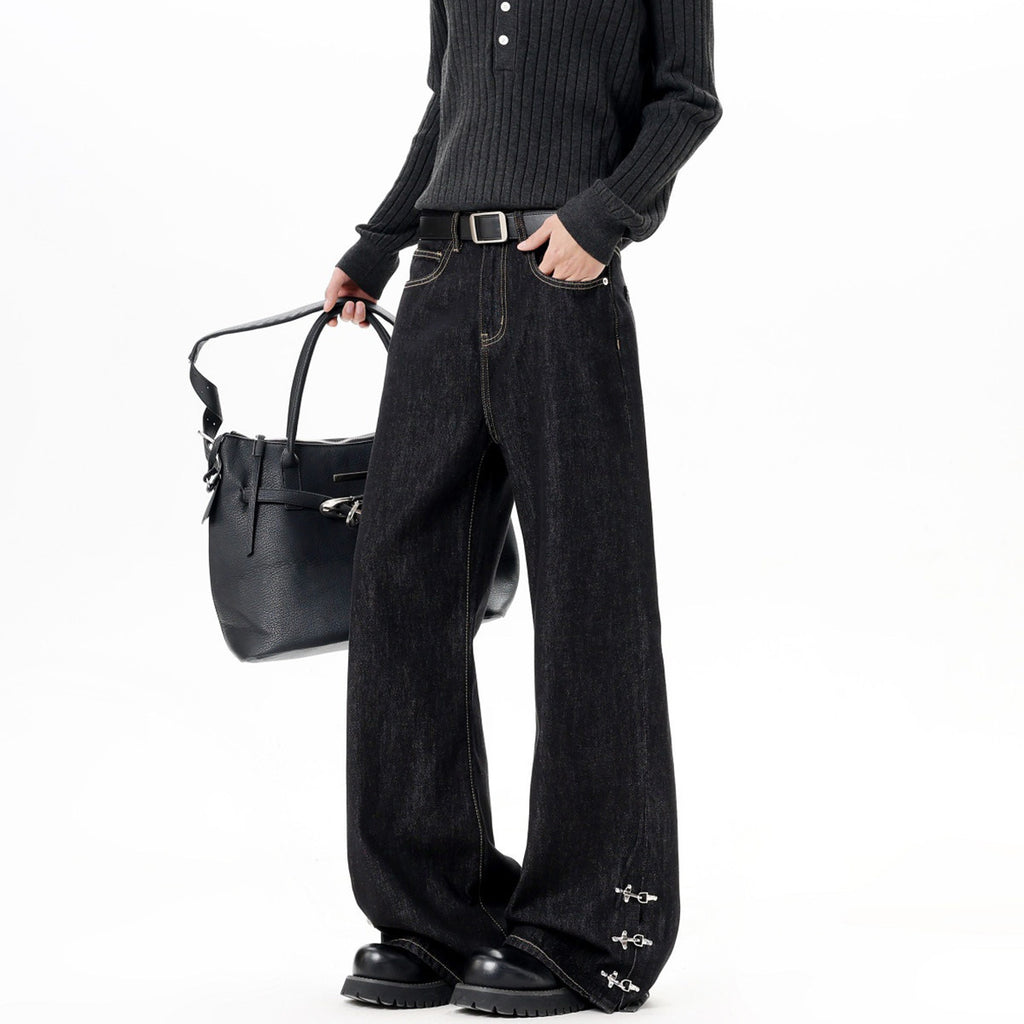 Style Buckle Denim Pants Men Spring Autumn New Retro Design Flared Trendy Cleanfit Long Trousers
