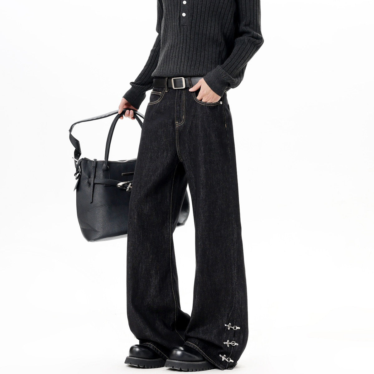 Style Buckle Denim Pants Men Spring Autumn New Retro Design Flared Trendy Cleanfit Long Trousers