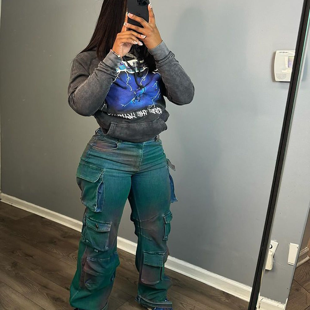 Fashionable Individuality Trendy Multi-Pocket Tie-Dye Jeans High Waist Straight Leg Pants