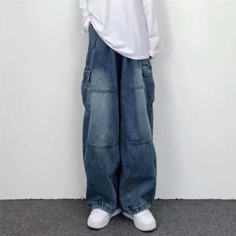 Summer Men's Fashion Loose Casual Versatile Multi-Pocket Color-Blocked Denim Pants Trendy