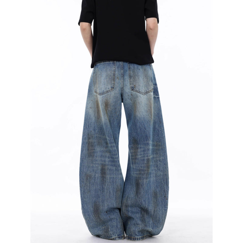 Street Style Lightning Crack Distressed Ripped Knife-Edge Denim Pants for Men, Wide Leg Loose Fit, Scythe Cut Casual Trousers
