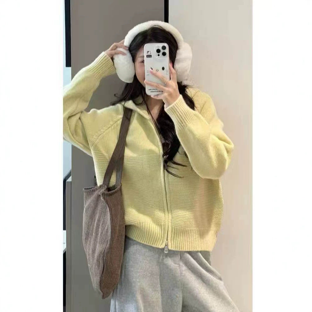 Casual Wavy Pattern Double Zipper Hooded Knit Cardigan for Women,Sweater Top