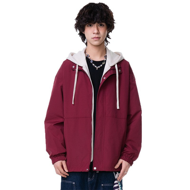 Casual Solid Color Long Sleeve Zipper Stand Collar Loose Fit Men's Windbreaker Jacket