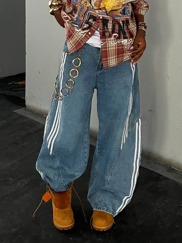 Deconstructed Asymmetrical Stripe Patchwork Dagger Cut Jeans
