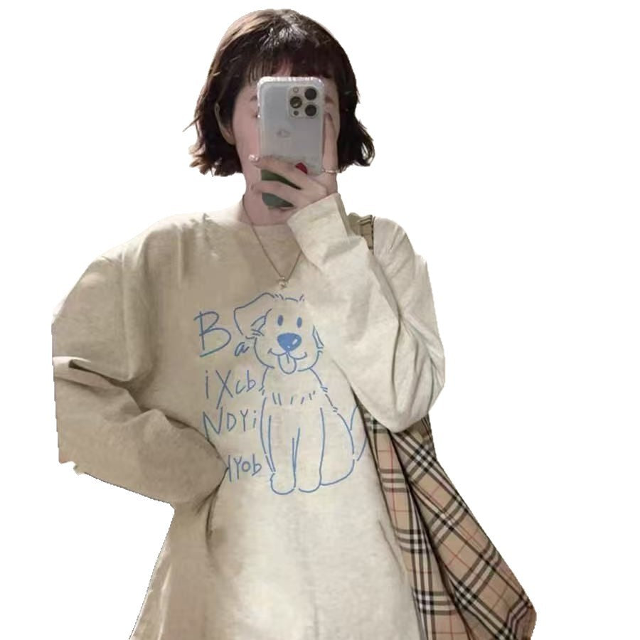 Hand-Painted Dog Graphic Regular Fit Long Sleeve T-Shirt for Women
