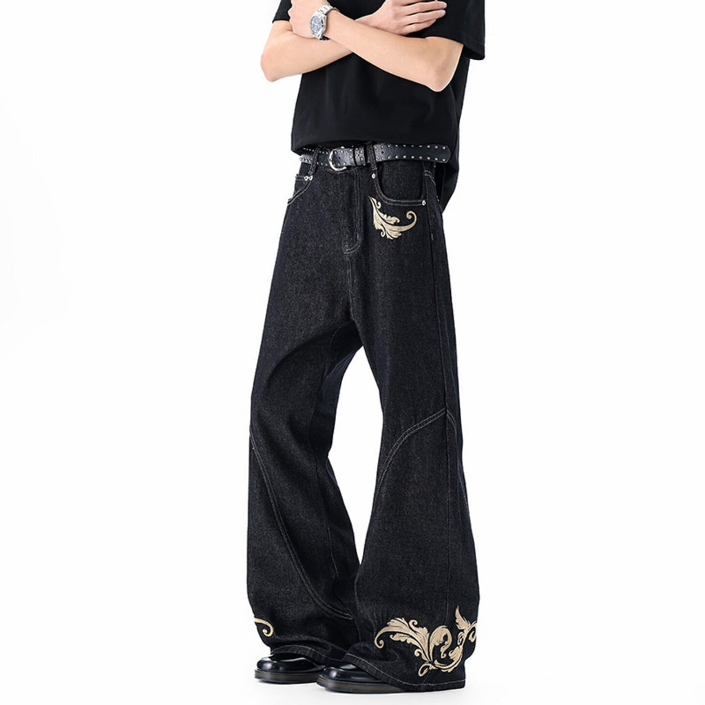 Vintage Distressed Black Denim Pants Men's New Design Wide Leg Flared High Street Versatile Trousers