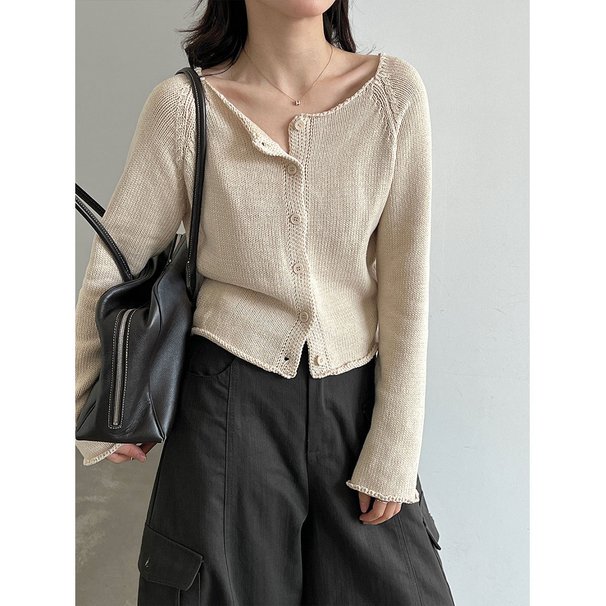 Edge Round Neck Knit Cardigan Women Versatile Minimalist Sweater Short Top