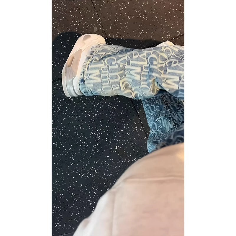 Letter Embroidered All-Over Print Denim Pants Men Spring Autumn New Streetwear Vibe Slim Fit Tapered Flared Long Pants