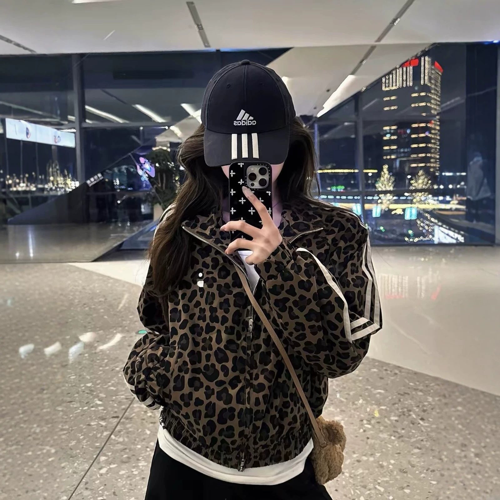 Retro Leopard Print Stand Collar Zip-Up Hoodie for Women