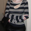 Chic Striped Long Sleeve T-Shirt for Women, Autumn Winter New Style, Hollow Out Design with Button Details, Fitted Slim Fit Top