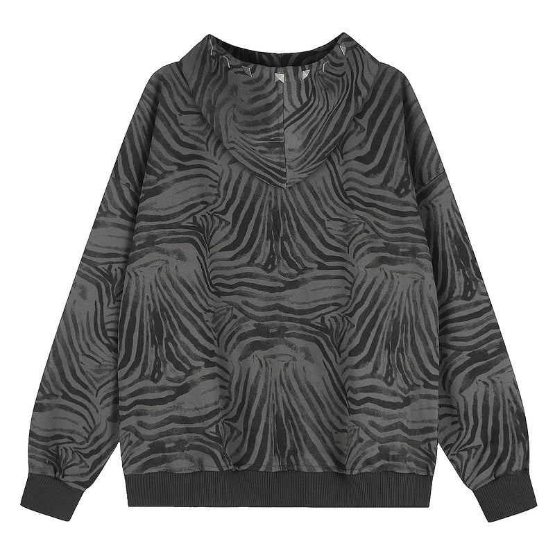 Black gray tiger pattern rivet hooded cardigan for women