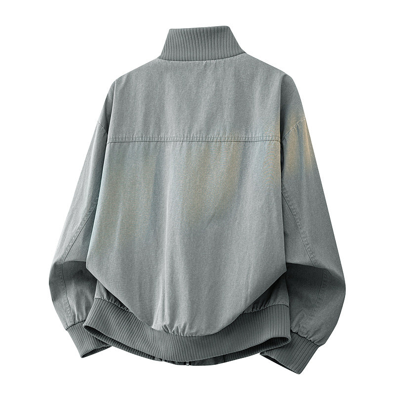 Men's Rugged Style Dark Blue Long Sleeve Zipper Stand Collar Regular Fit Jacket